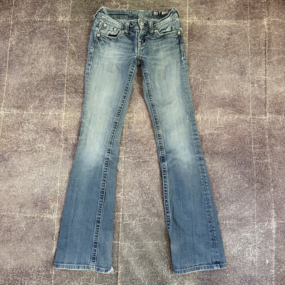 Women's Vintage Y2K Miss Me Low Rise Bootcut Rhinestone Lace Blue Jeans Sz 24 32